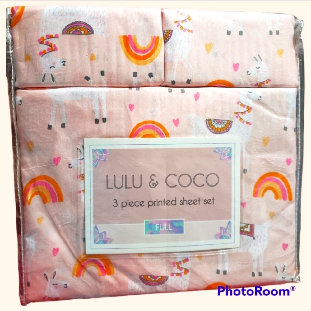 🆕️NWT LULU & COCO 3 piece FULL size Pink Llama n Rainbow printed Bed Sheet Set - Picture 1 of 7